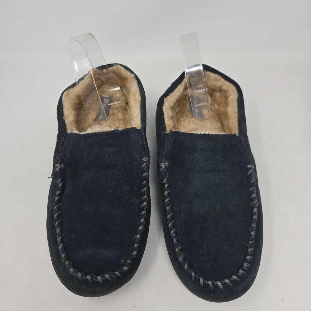 Eddie Bauer Westhaven Mens Suede Moccasin Slippers Black Faux Fur Lined XL 11-12